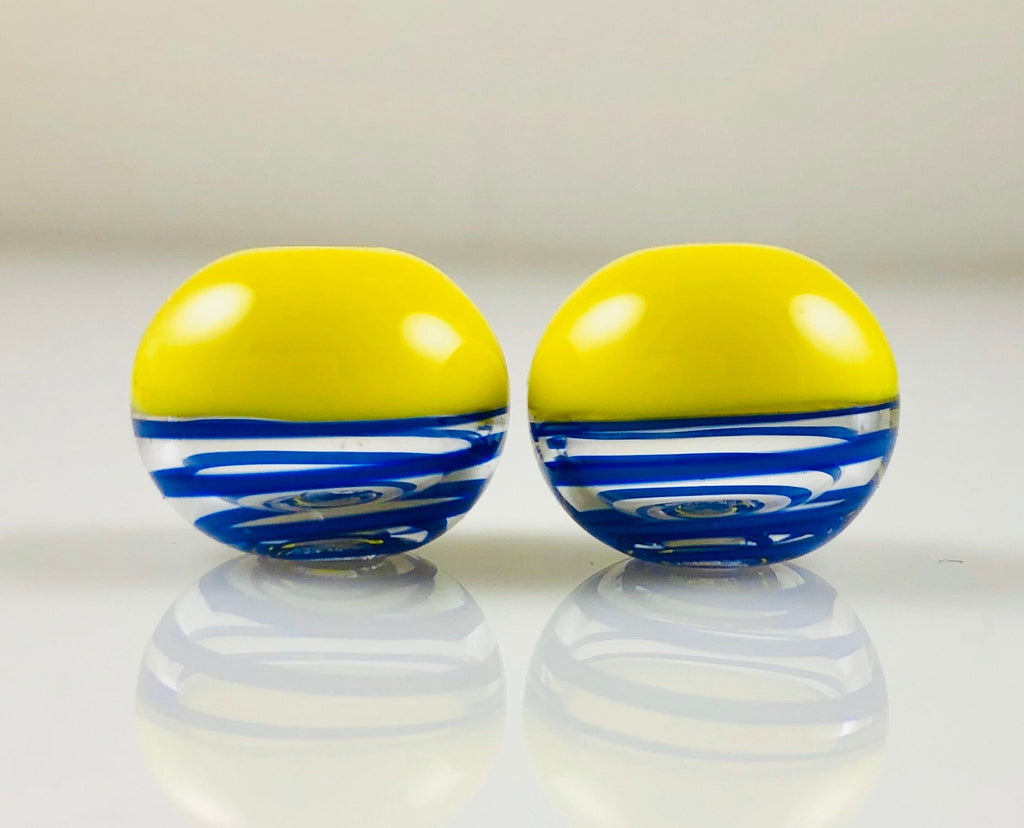 Yellow and Blue Glass Hollow Bead Pair