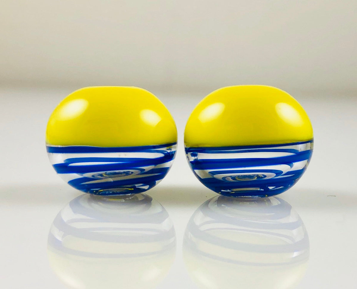 Yellow and Blue Glass Hollow Bead Pair