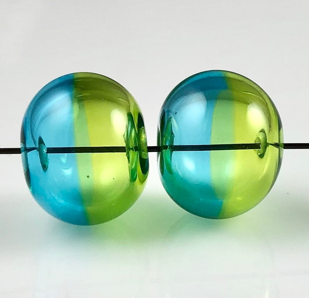 Lime and Aqua Hollow Glass Bead Pair