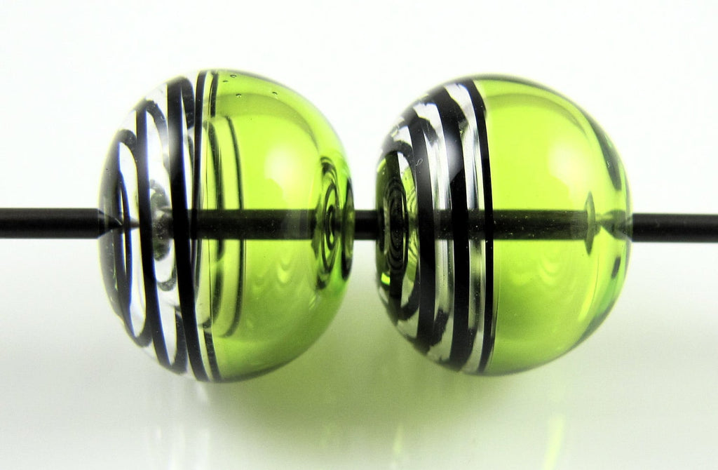 Lime Green and Black Swirls Lampwork Glass Hollow Bead Pairs