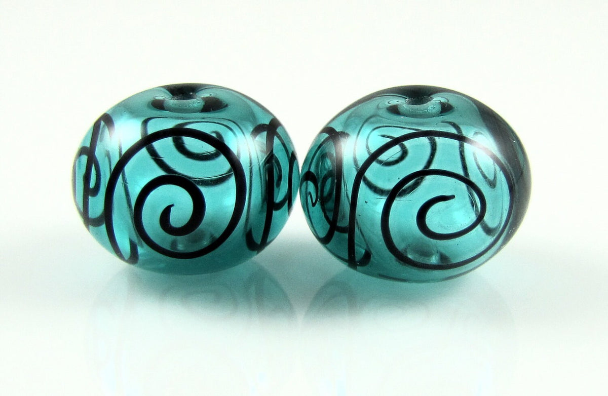 Teal Blue and Fine Black Scroll Hollow Lampwork Glass Bead Pairs