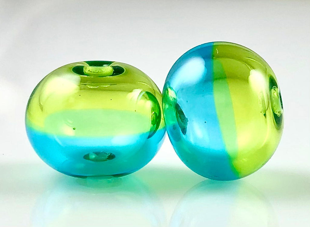 Lime and Aqua Hollow Glass Bead Pair