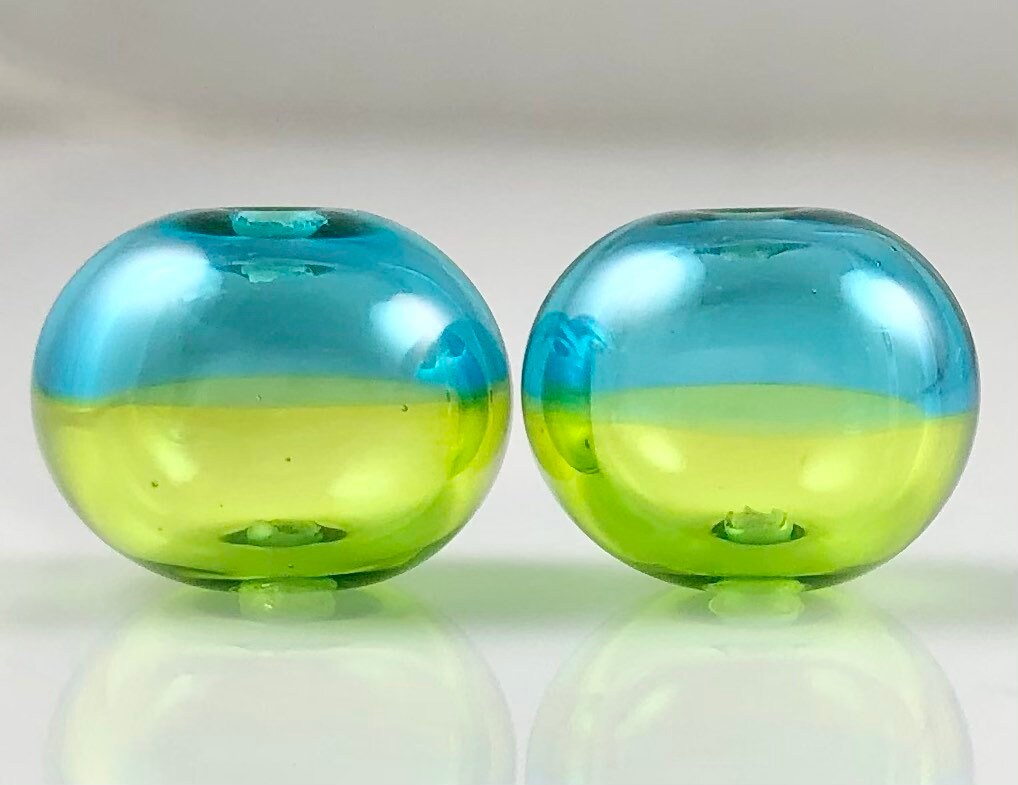 Lime and Aqua Hollow Glass Bead Pair