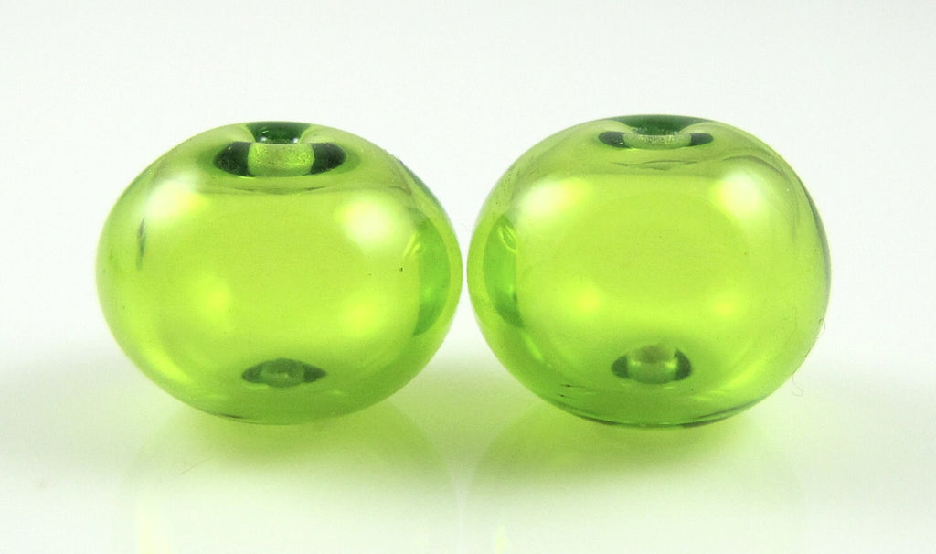 Green Lampwork Glass Hollow Bead Pair