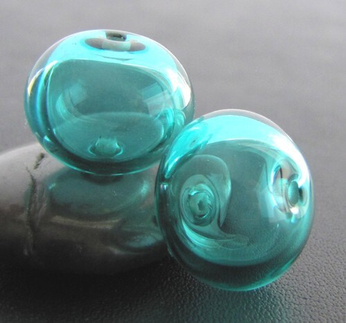 Teal Hollow Lampwork Glass Bead Pair
