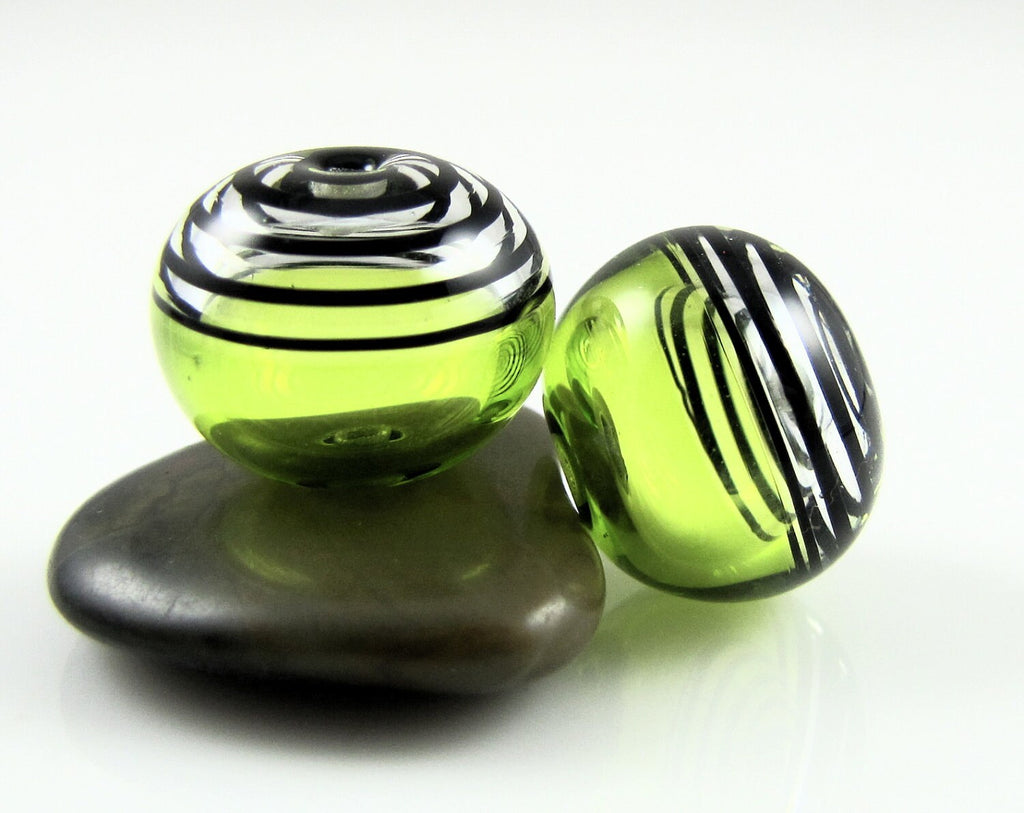 Lime Green and Black Swirls Lampwork Glass Hollow Bead Pairs