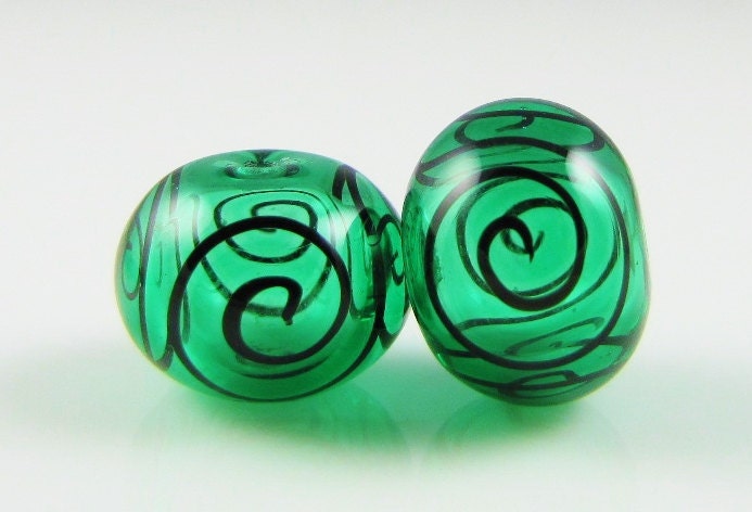 Emerald Green Fine Black Scroll Hollow Lampwork Glass Bead Pairs