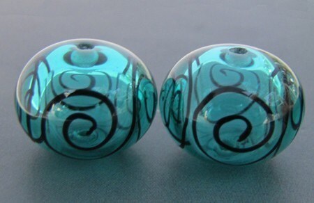 Teal Blue and Fine Black Scroll Hollow Lampwork Glass Bead Pairs