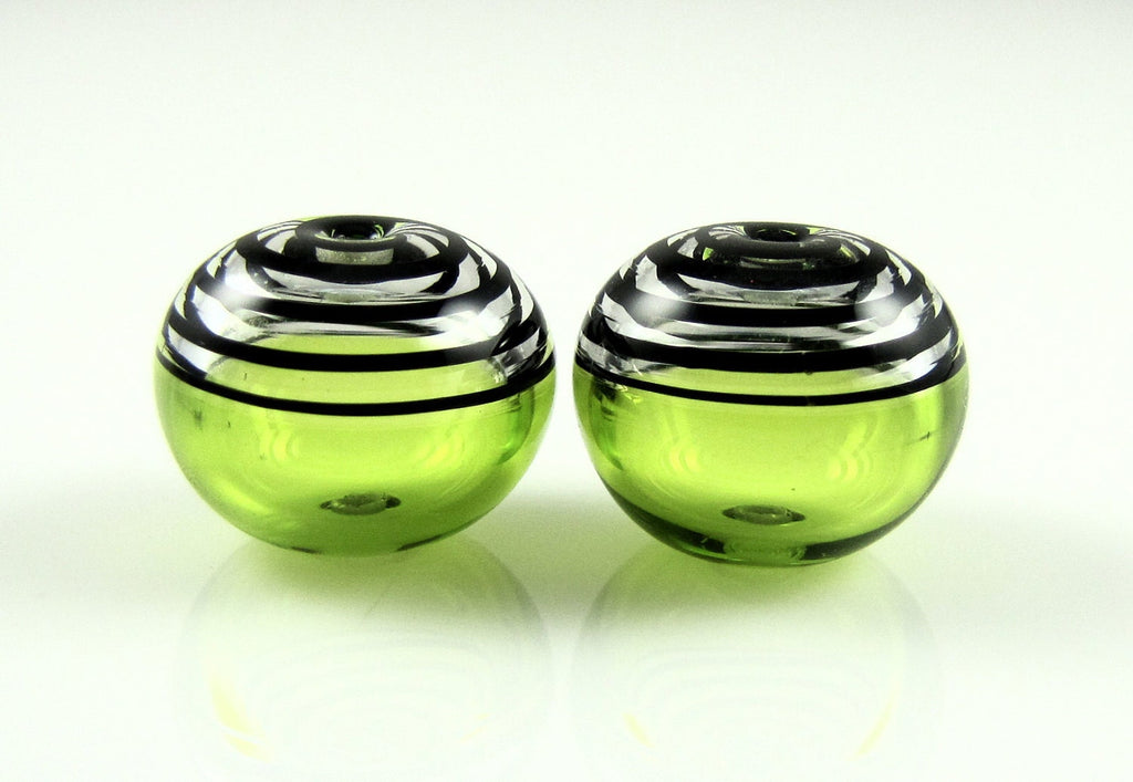 Lime Green and Black Swirls Lampwork Glass Hollow Bead Pairs