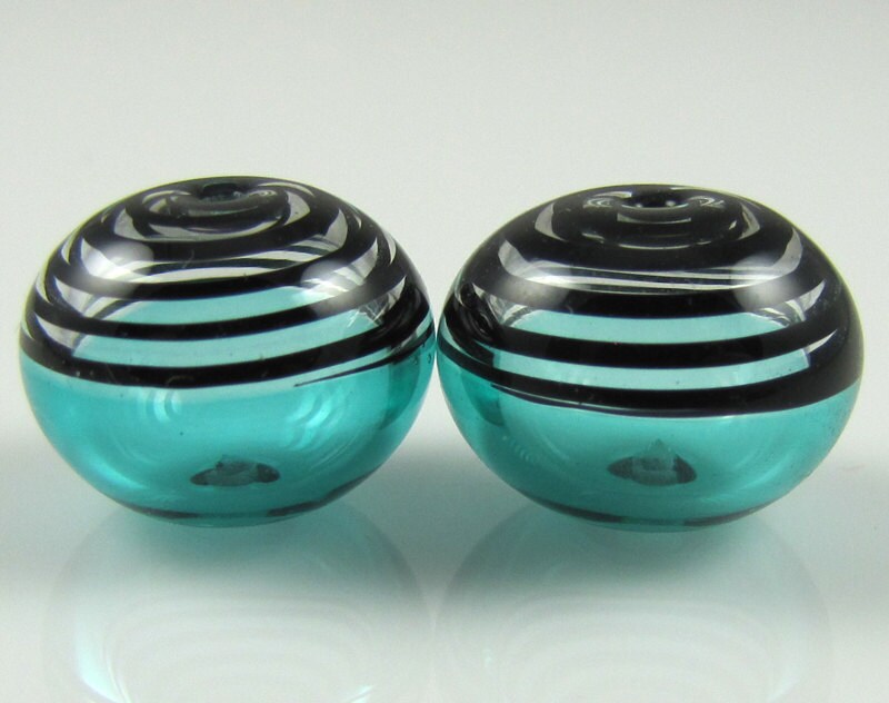 Teal Black Glass Swirls Lampwork Bead Pairs