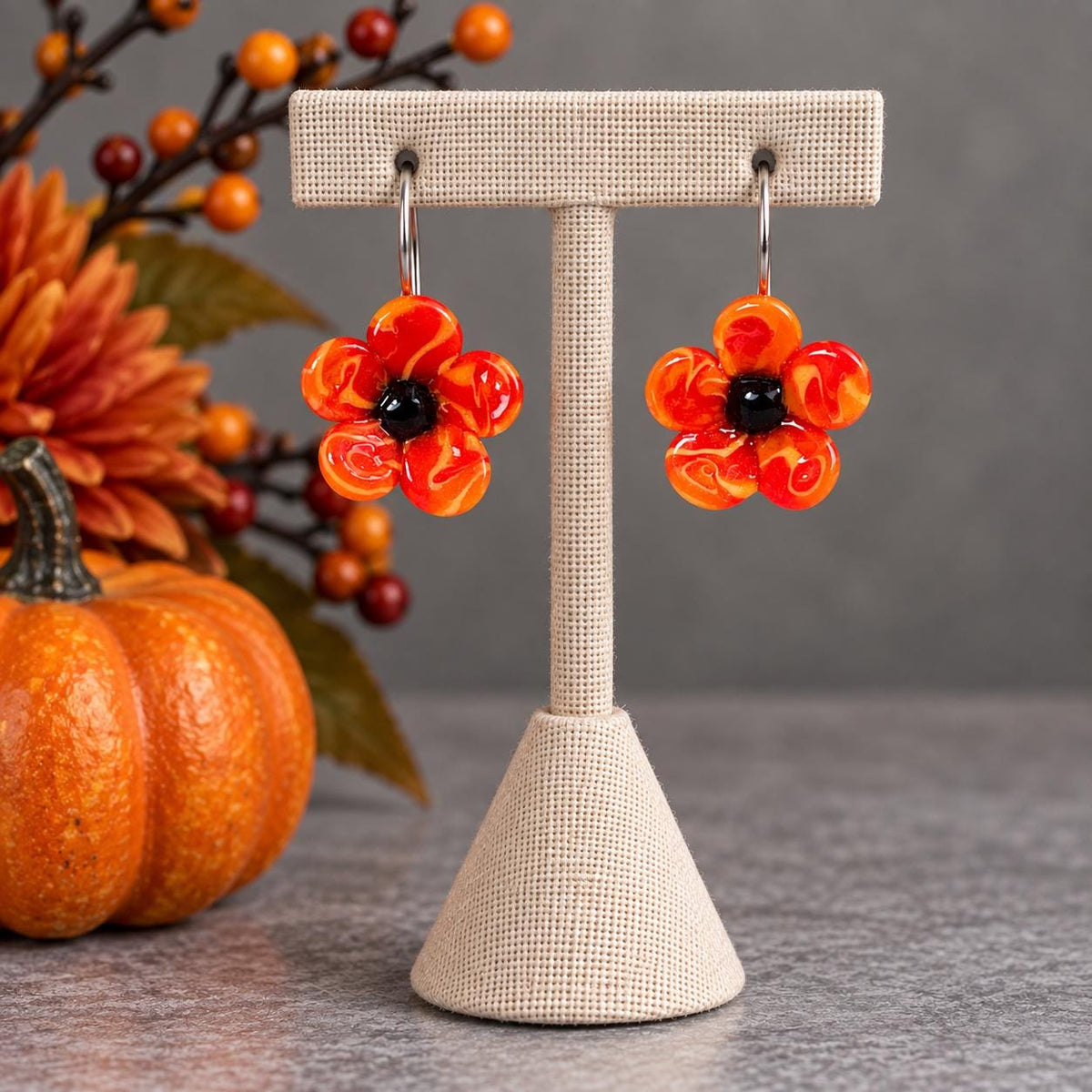 Orange Glass Flower Earrings