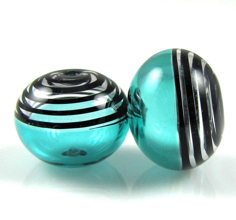 Teal Black Glass Swirls Lampwork Bead Pairs