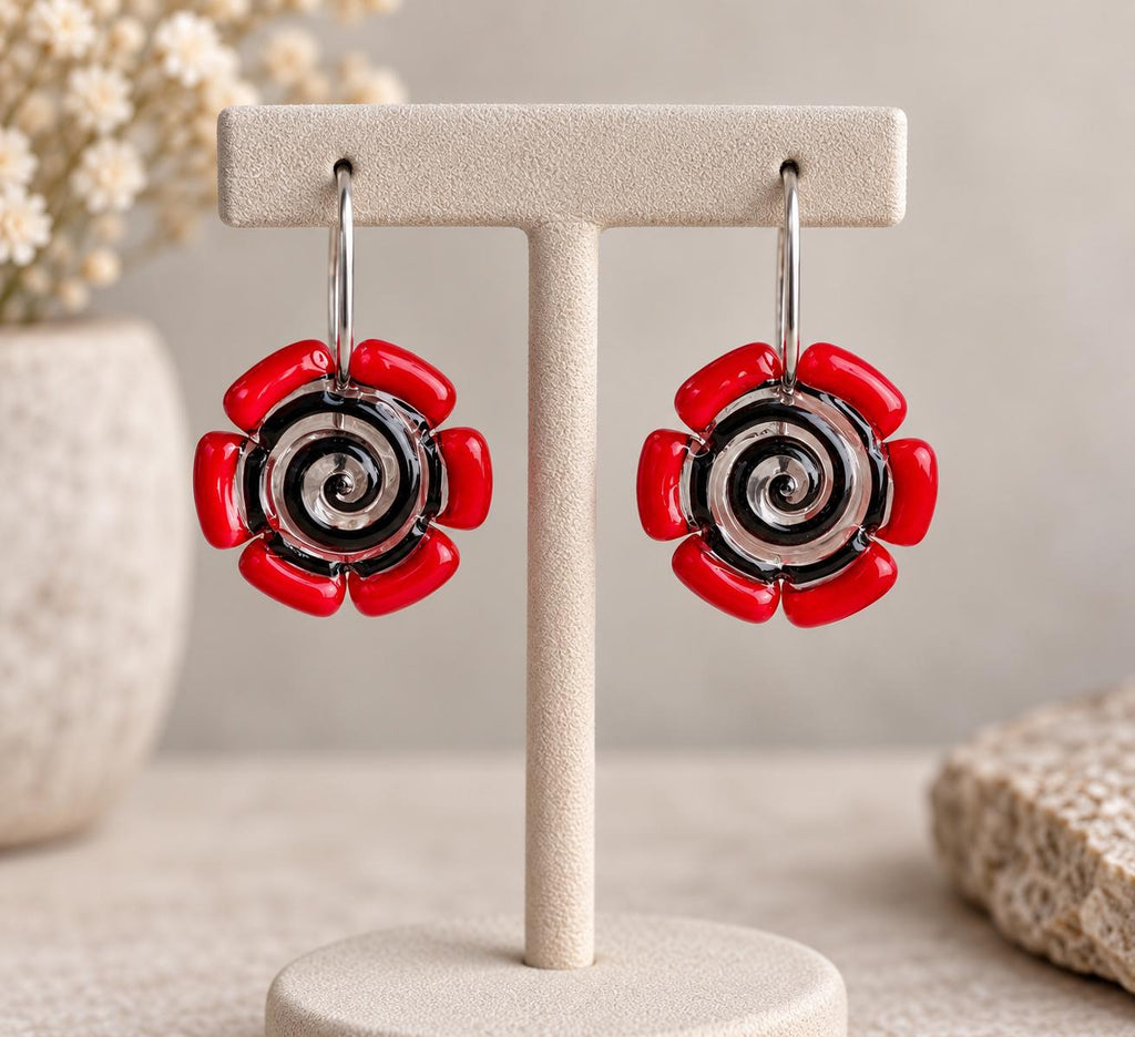 Red and Black Glass Disc Earrings