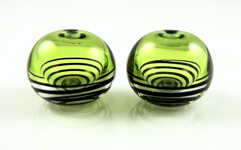 Lime Green and Black Swirls Lampwork Glass Hollow Bead Pairs