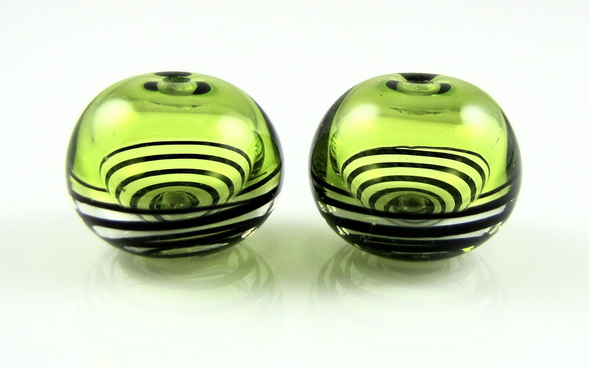 Lime Green and Black Swirls Lampwork Glass Hollow Bead Pairs