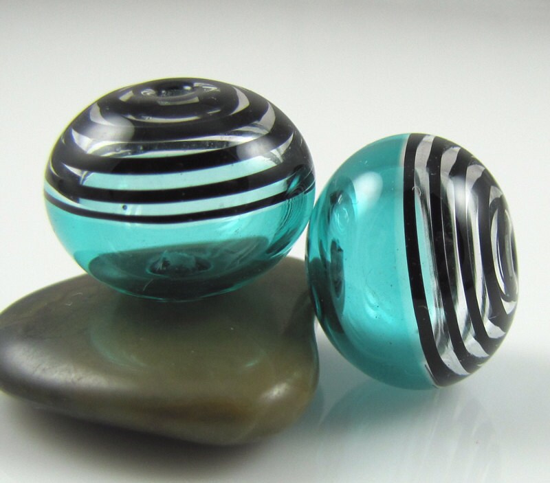 Teal Black Glass Swirls Lampwork Bead Pairs