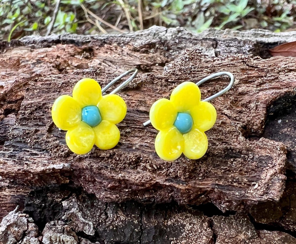 Yellow Glass Flower Earrings