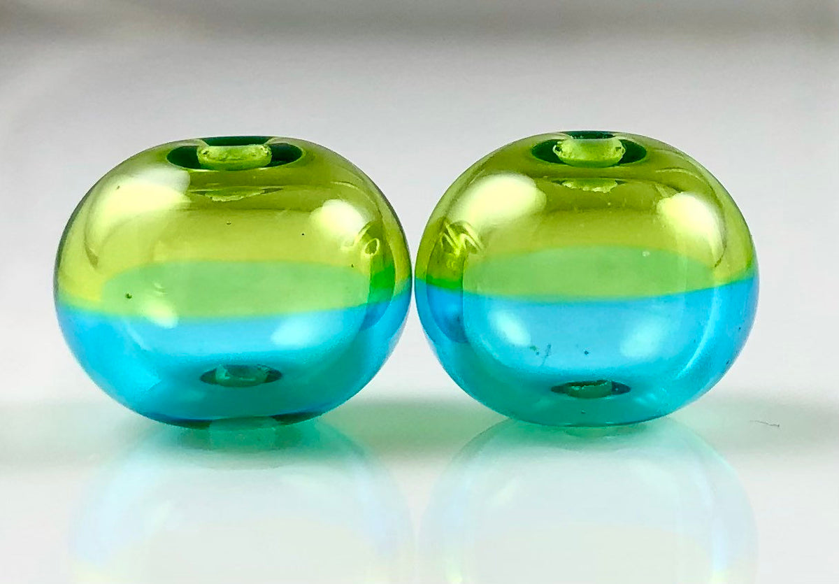 Lime and Aqua Hollow Glass Bead Pair