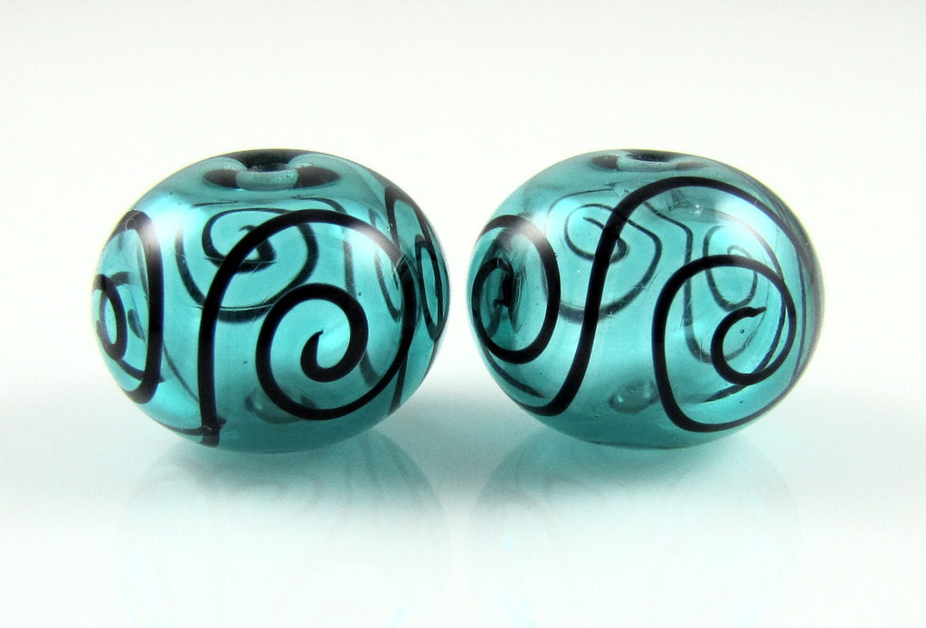 Teal Blue and Fine Black Scroll Hollow Lampwork Glass Bead Pairs