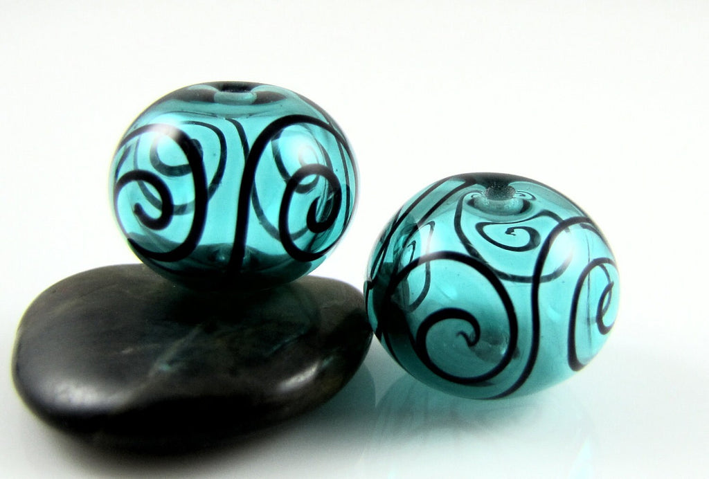 Teal Blue and Fine Black Scroll Hollow Lampwork Glass Bead Pairs