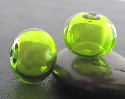 Green Lampwork Glass Hollow Bead Pair