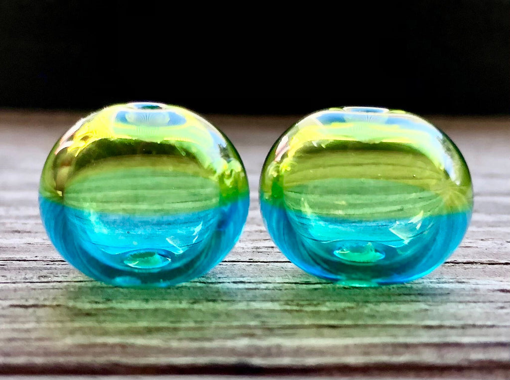 Lime and Aqua Hollow Glass Bead Pair