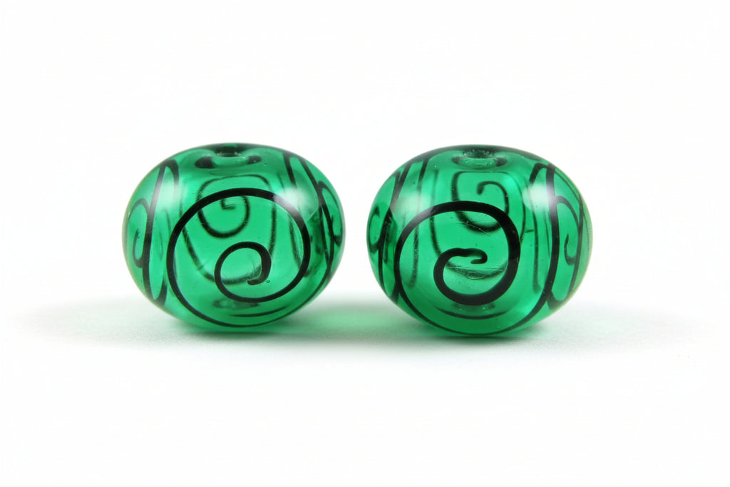 Emerald Green Fine Black Scroll Hollow Lampwork Glass Bead Pairs