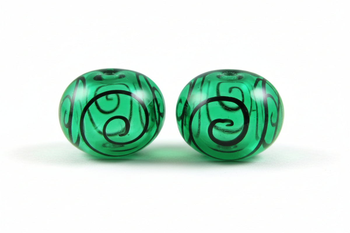 Emerald Green Fine Black Scroll Hollow Lampwork Glass Bead Pairs