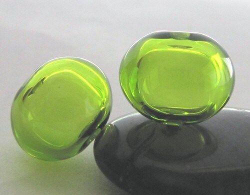 Green Lampwork Glass Hollow Bead Pair